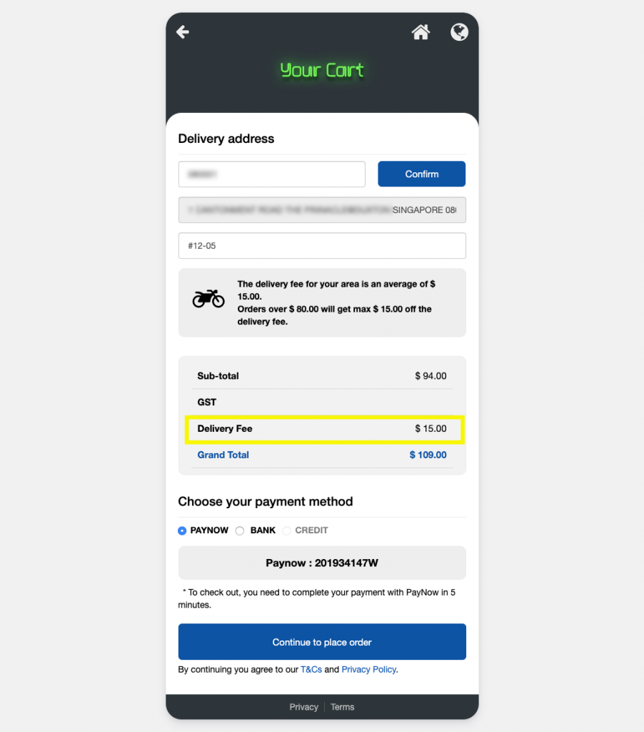 Neon shows the auto-calculated price including GST, delivery fee according to Jinsa Galbi's delivery policy 